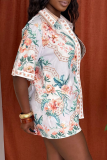 Red Casual Print Buckle Turndown Collar Short Sleeve Two Pieces