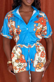 Red Casual Print Buckle Turndown Collar Short Sleeve Two Pieces