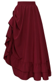 Burgundy Elegant Solid Color Ruched Loose High Waist Patchwork Bottoms