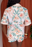 Red Casual Print Buckle Turndown Collar Short Sleeve Two Pieces