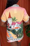 Red Casual Print Buckle Turndown Collar Short Sleeve Two Pieces