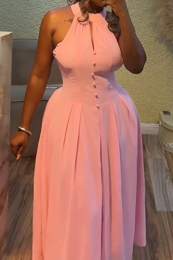 Pink Sexy Solid Color Buckle O Neck Long Dresses