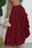 Burgundy Elegant Solid Color Ruched Loose High Waist Patchwork Bottoms