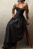 Black Sexy Solid Color Strap Design Spaghetti Strap Irregular Dresses