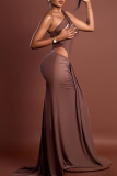 Black Elegant Solid Color Ruched Oblique Collar Long Dresses