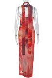 Red Sexy Print Strapless Long Dresses