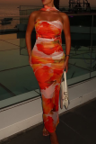 Red Sexy Print Strapless Long Dresses