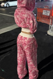 Pink Casual Camouflage Print Draw String Zipper Hooded Long Sleeve Two Pieces