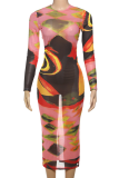 Pink Sexy Print See-Through O Neck Wrapped Skirt Dresses