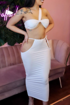 White Sexy Solid Color Hollow Out Halter Long Dresses