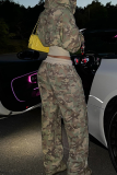 Pink Casual Camouflage Print Draw String Zipper Hooded Long Sleeve Two Pieces