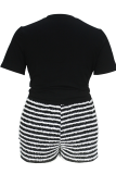 Black Casual Stripe Strap Design V Neck Plus Size Two Pieces