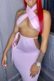Pink Sexy Solid Color Hollow Out Halter Long Dresses