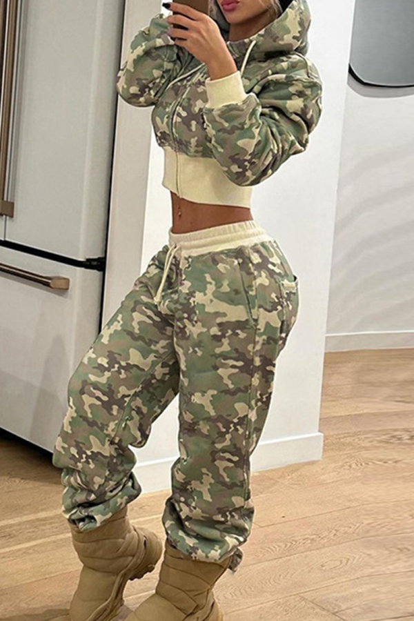 Green Casual Camouflage Print Draw String Zipper Hooded Long Sleeve Two Pieces