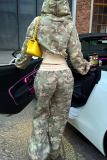 Pink Casual Camouflage Print Draw String Zipper Hooded Long Sleeve Two Pieces