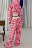 Pink Casual Camouflage Print Draw String Zipper Hooded Long Sleeve Two Pieces