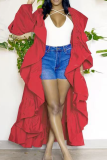 Red Casual Solid Color Ruffle Cardigan Collar Outerwear