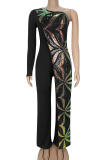 Green Casual Sequins Oblique Collar Regular Jumpsuits