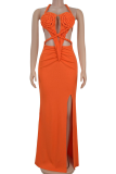 Blue Sexy Solid Color Hollow Out Backless Halter Long Dresses