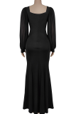 Black Elegant Solid Color Hot Drill Asymmetrical Collar Long Dresses
