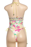 Yellow Sexy Print Strap Design Spaghetti Strap Sleeveless Two Pieces