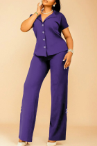 Purple Casual Solid Color Buckle Turndown Collar Plus Size Two Pieces