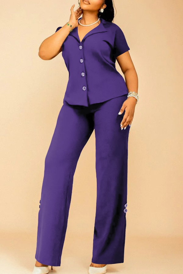 Purple Casual Solid Color Buckle Turndown Collar Plus Size Two Pieces