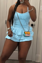 Sky Blue Sexy Solid Color Flounce Spaghetti Strap Sleeveless Two Pieces