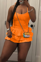 Orange Sexy Solid Color Flounce Spaghetti Strap Sleeveless Two Pieces