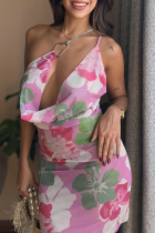 Pink Sexy Print Backless Spaghetti Strap Printed Dresses