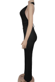 Black Sexy Solid Color Metal Accessories Trim Backless Halter Regular Jumpsuits