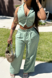 Light Green Casual Daily Solid Color Buckle Turndown Collar Sleeveless Two Pieces