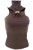 Coffee Sexy Solid Color Metal Accessories Trim O Neck T-Shirts