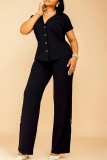 Black Casual Solid Color Buckle Turndown Collar Plus Size Two Pieces