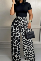 Black Casual Print O Neck Short Sleeve Two Pieces
