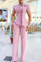 Pink Elegant Solid Color Strap Design O Neck Short Sleeve Two Pieces