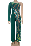 Green Casual Sequins Oblique Collar Regular Jumpsuits