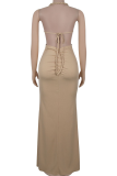 Blue Sexy Solid Color Hollow Out Backless Halter Long Dresses