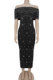 Black Elegant Solid Color Slit Hot Drill Off Shoulder Long Dresses