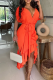 Orange Elegant Solid Color Strap Design Flounce V Neck Irregular Dresses
