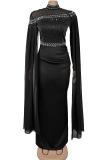 Black Elegant Solid Color Beading Hot Drill O Neck Long Dresses
