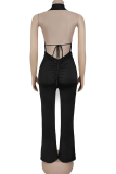 Black Sexy Solid Color Metal Accessories Trim Backless Halter Regular Jumpsuits