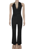 Black Sexy Solid Color Metal Accessories Trim Backless Halter Regular Jumpsuits