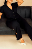 Black Casual Solid Color Buckle Turndown Collar Plus Size Two Pieces