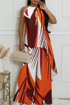 Brown Casual Print O Neck Sleeveless Two Pieces
