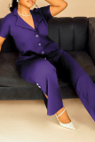 Black Casual Solid Color Buckle Turndown Collar Plus Size Two Pieces
