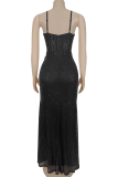 Black Sexy Solid Color Sequins High Slit Spaghetti Strap Long Dresses
