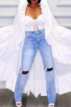 White Casual Solid Color Ruffle Cardigan Collar Outerwear