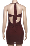 Brown Sexy Solid Color Backless Halter Sleeveless Two Pieces