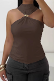 Coffee Sexy Solid Color Metal Accessories Trim O Neck T-Shirts